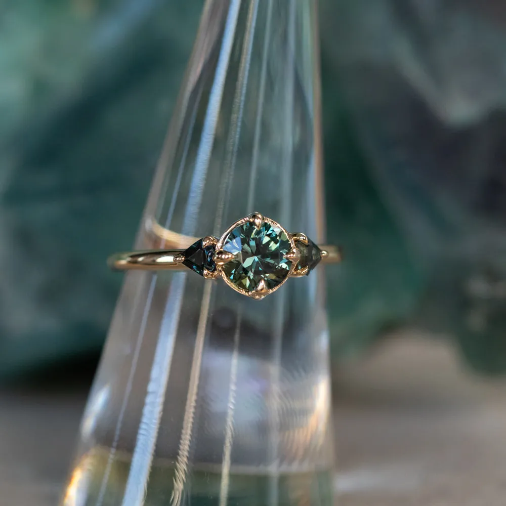 0.98ct Songean Deep Teal Green Sapphire and Trillion Parti Sapphire Low Profile Ring in 14k Yellow Gold