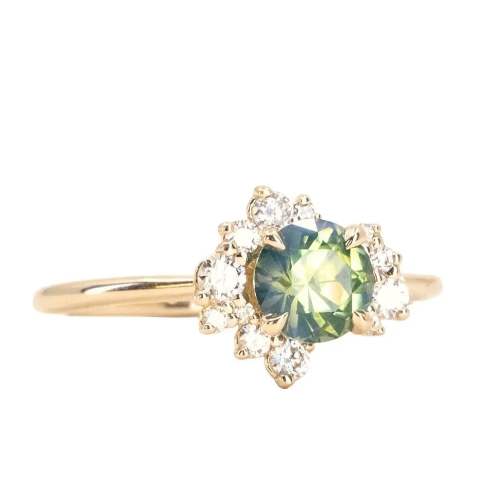 1.16ct Parti Green Madagascar Sapphire and Diamond Asymmetrical Cluster Ring in 14k Yellow Gold