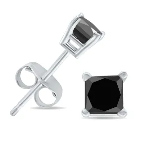 1/2 Carat Tw Black Diamond Princess Cut Solitaire Stud Earrings In 10K White Gold