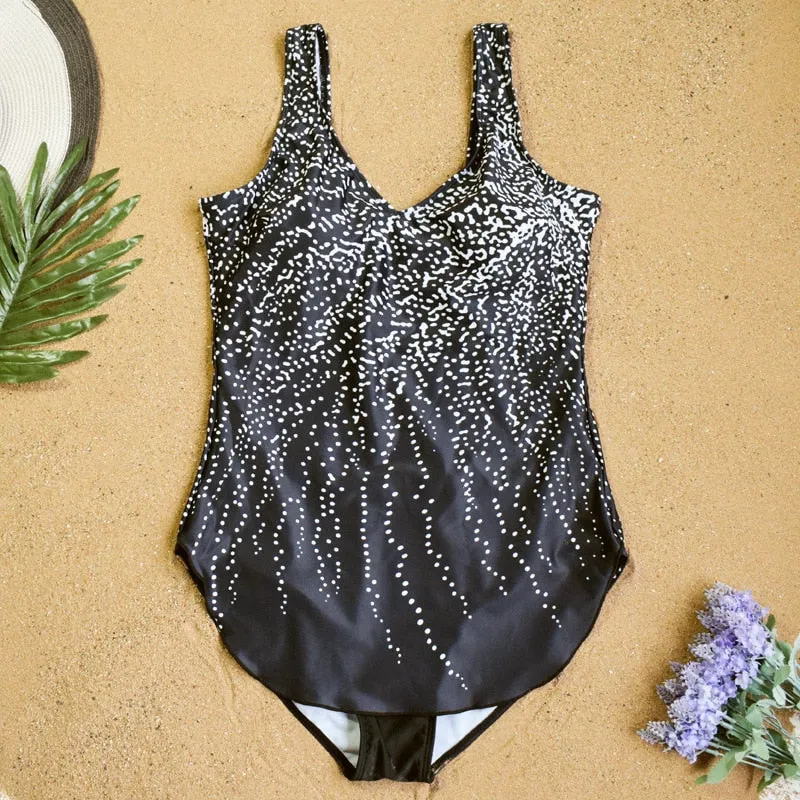 5XL Plus Size Women's Black Padded One-Piece Swimsuit with White Dots