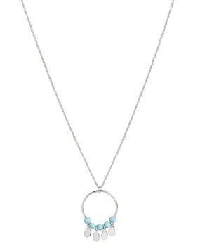 925 Sterling Silver Circle With Turquoise Bead And Dangling Drops Pendant With Chain & Rhodium Plating