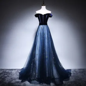 A Line Tulle Prom Dresses Navy Blue Evening Dress SH070