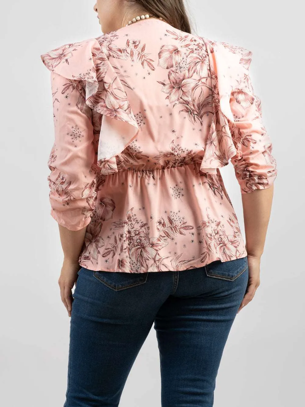 American Bling Plus Size Women Floral Print Ruffle 3/4 Sleeve Wrap Blouse