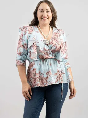 American Bling Plus Size Women Floral Print Ruffle 3/4 Sleeve Wrap Blouse