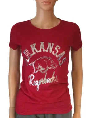 Arkansas Razorbacks Blue 84 Women Red Silver-Glitter Burn Out T-Shirt