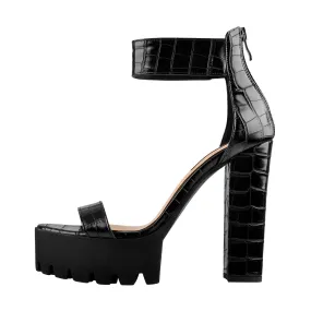 Black Ankle Strap Platform Chunky Heel Sandals