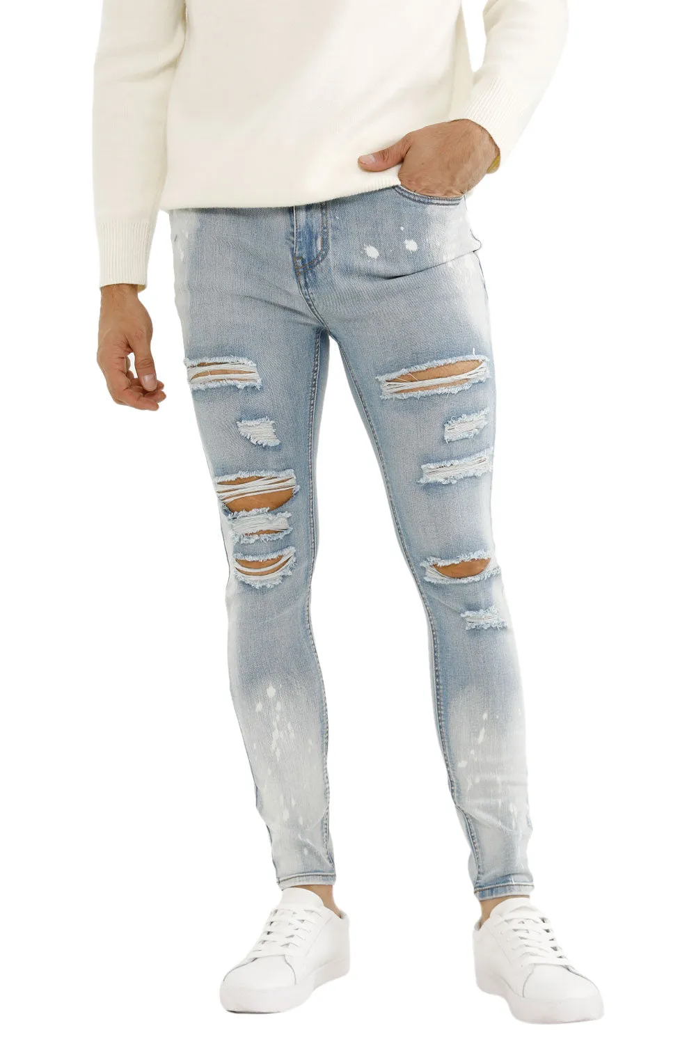 Buy $80 Free Shipping Men's Light Blue Stretch Jean - Ripped