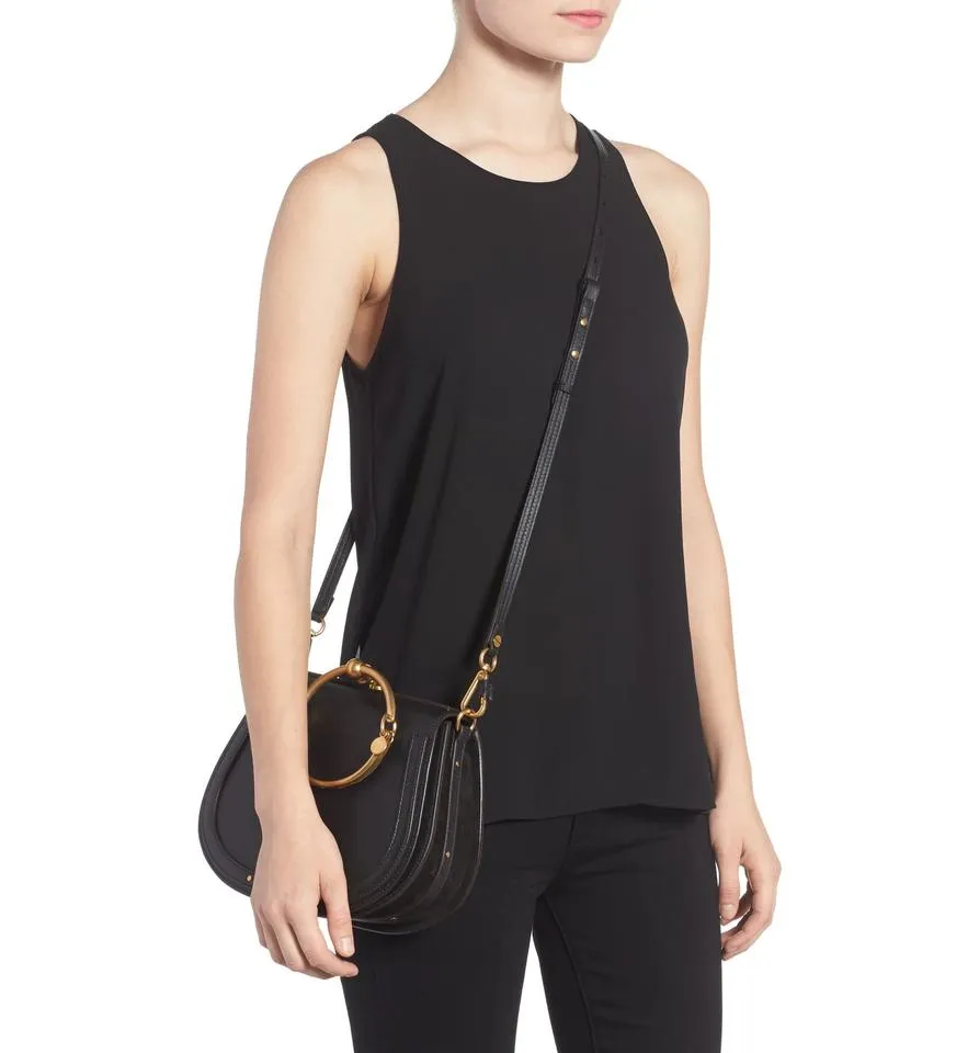 Chloe Nile Medium Bracelet Saddle Black Leather Shoulder Bag