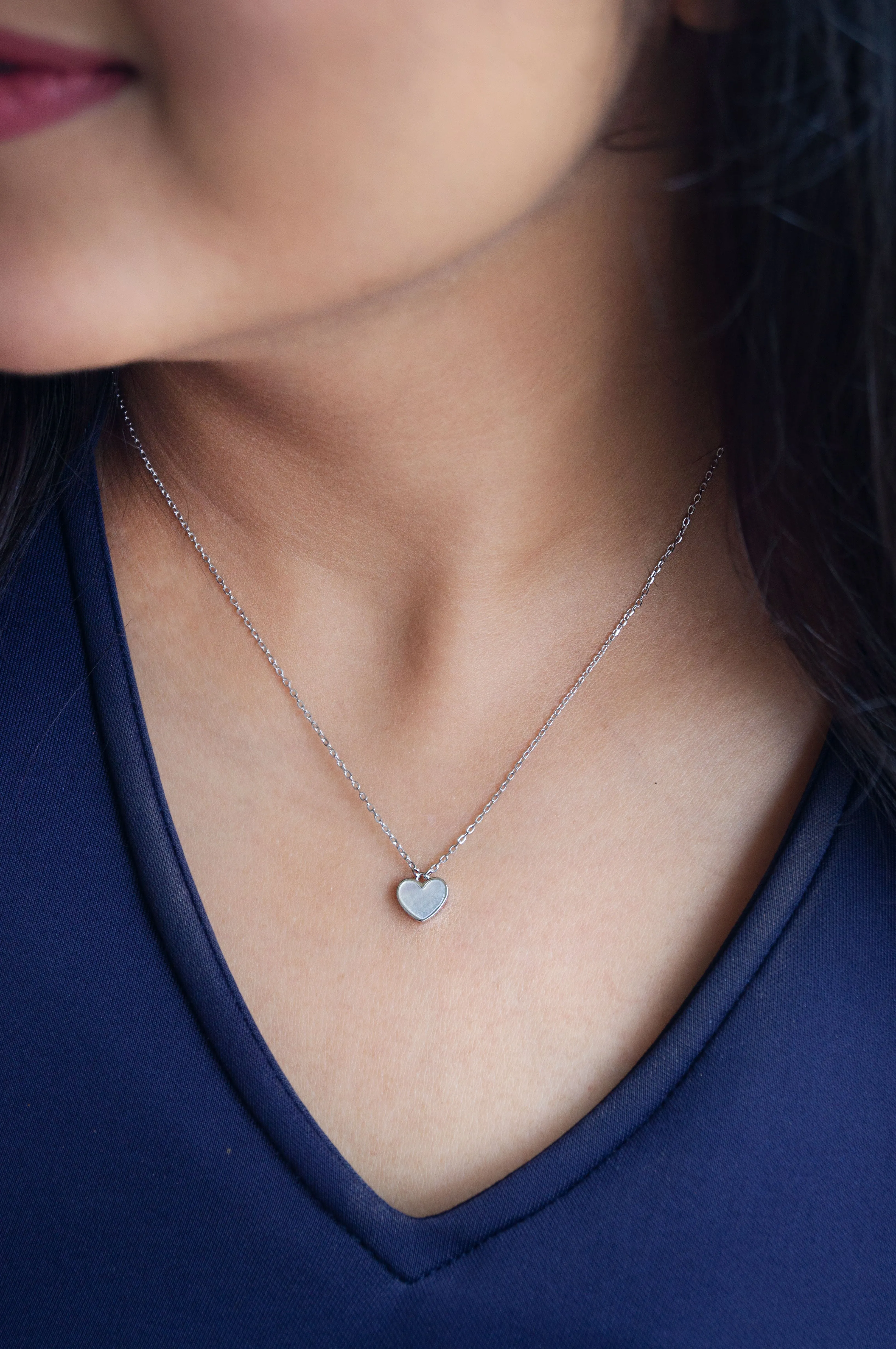 Dainty Mother-Of-Pearl Heart Sterling Silver Chain Necklace