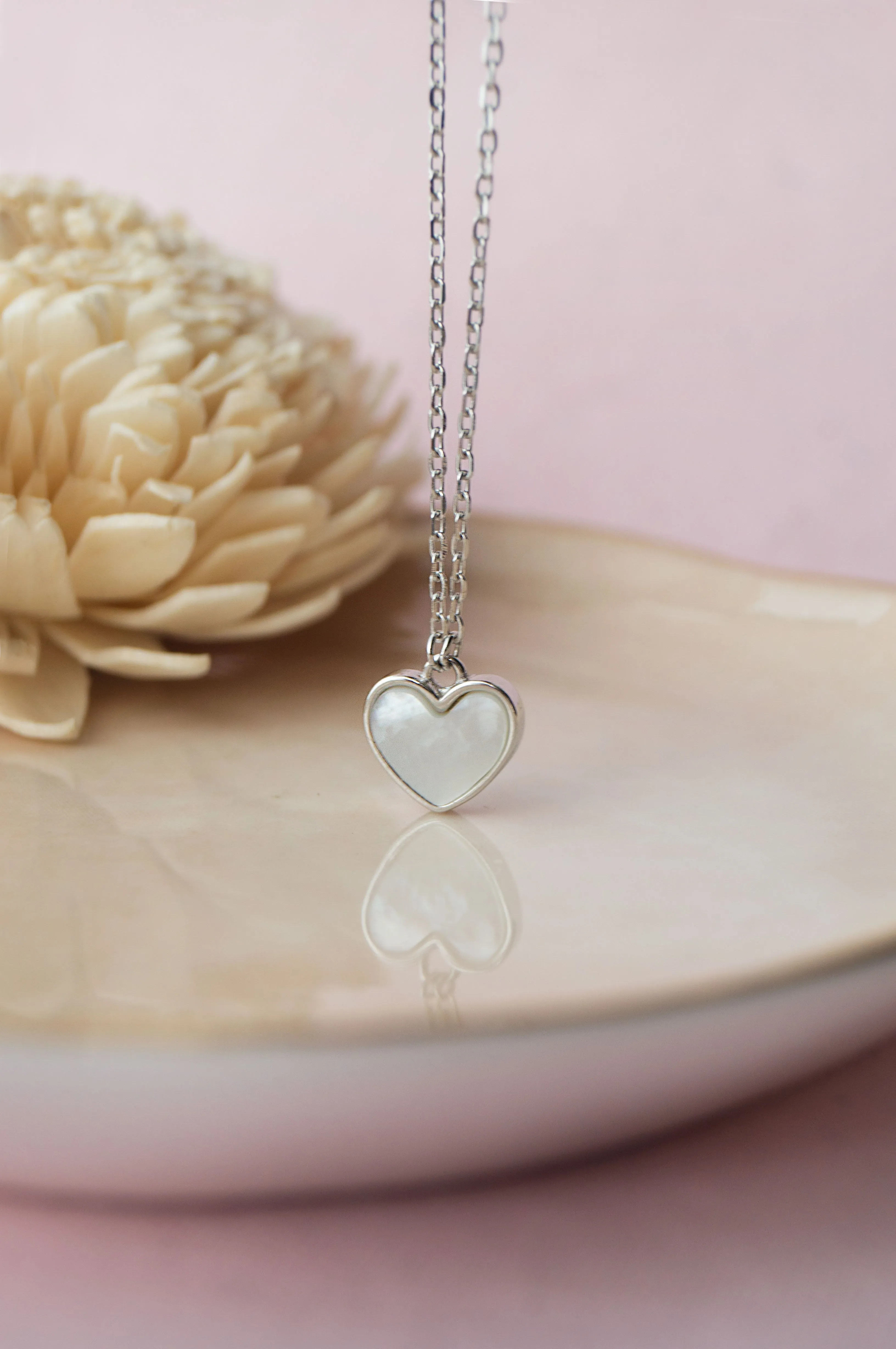 Dainty Mother-Of-Pearl Heart Sterling Silver Chain Necklace