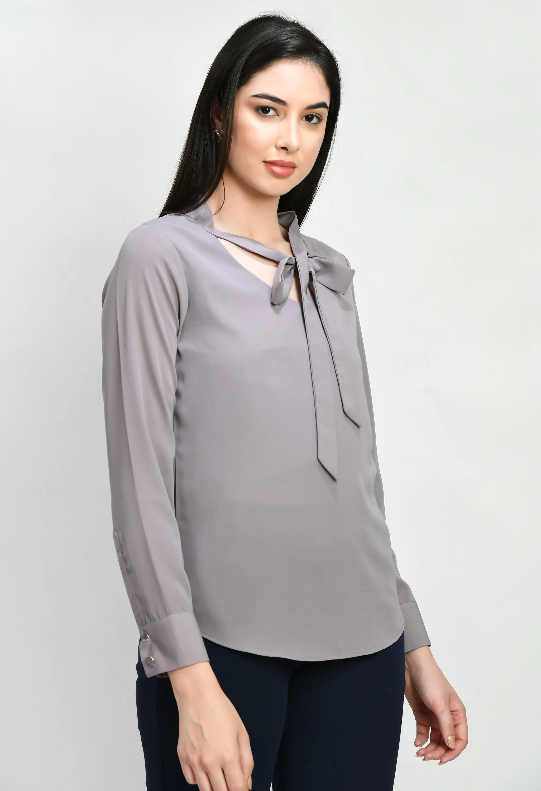 Exude Wisdom V-neck Tie Up Top (Lilac Grey)