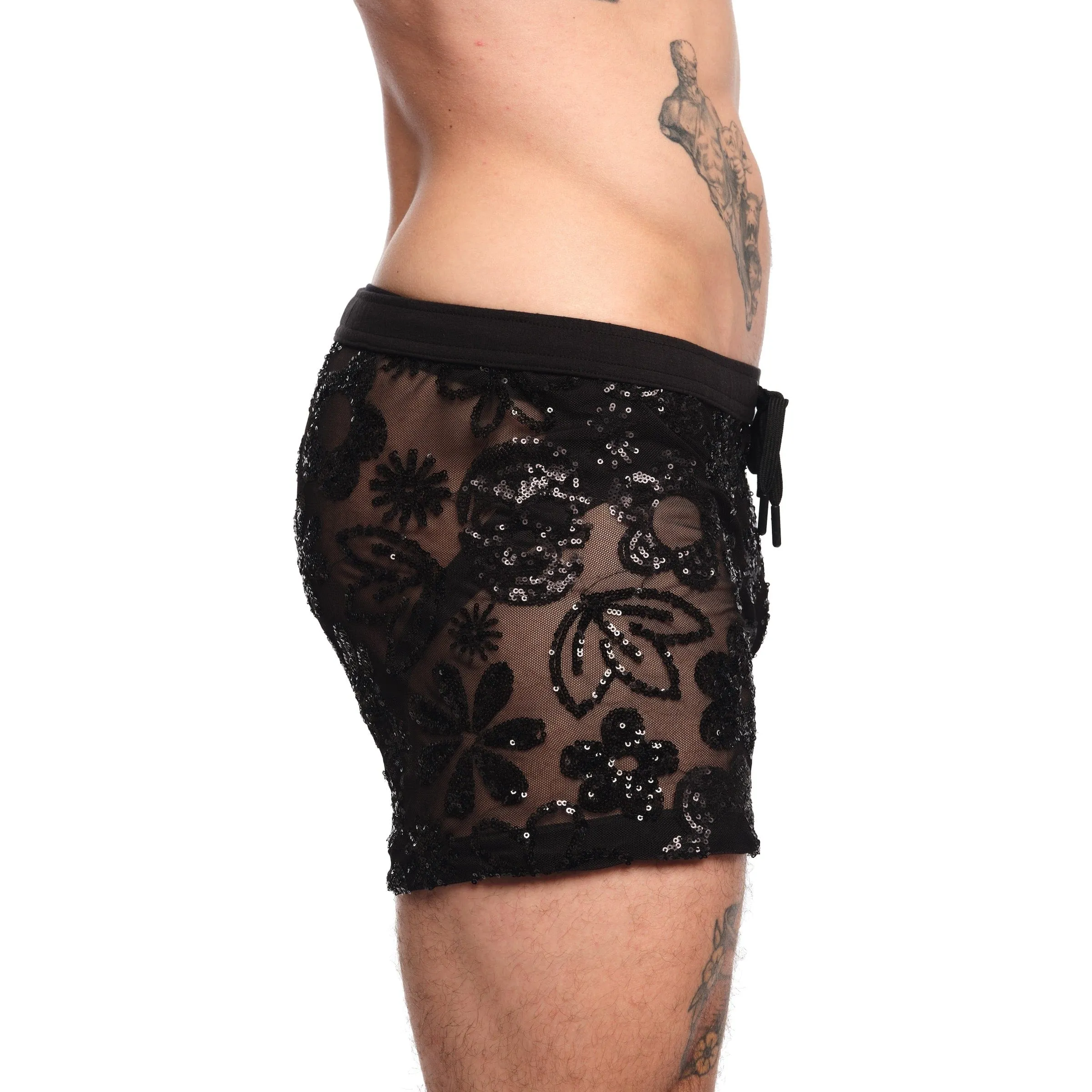 Floral Skull Sequin Black Short