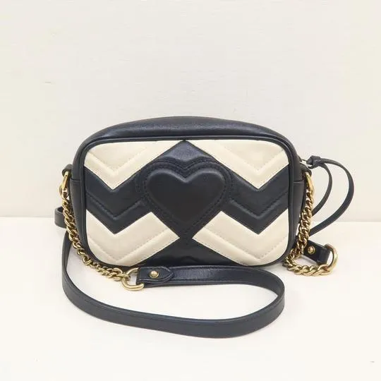 Gucci Marmont Gg Mini Matelasse Black&white Calfskin Black Leather Shoulder Bag