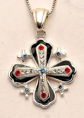 Jerusalem Cross Black Pendant With Swarovski Colors Gemstone Sterling Silver