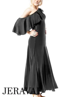 Long Black Lycra Ballroom Practice Dress with One Ruffle Sash off Shoulder Sizes S-3XL PRA 051