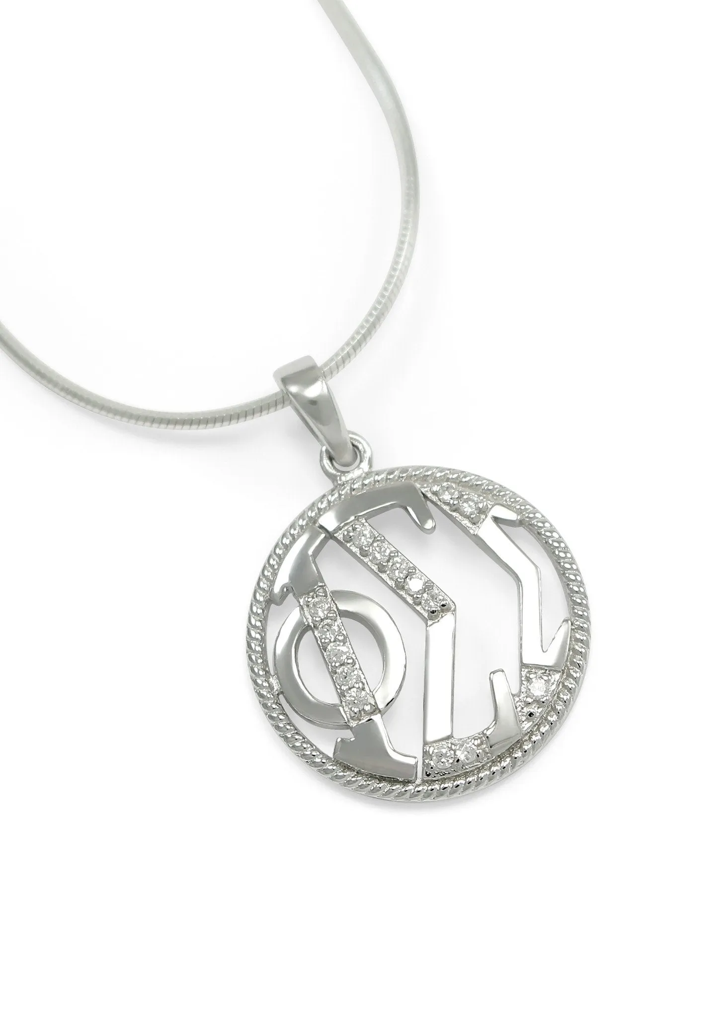 Phi Sigma Sigma Sterling Silver Round Pendant with Simulated Diamonds