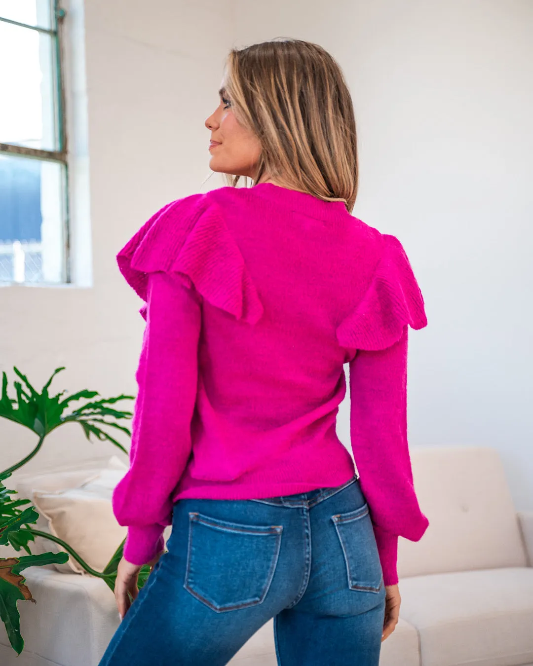 Sydney Ruffle Shoulder Sweater - Magenta