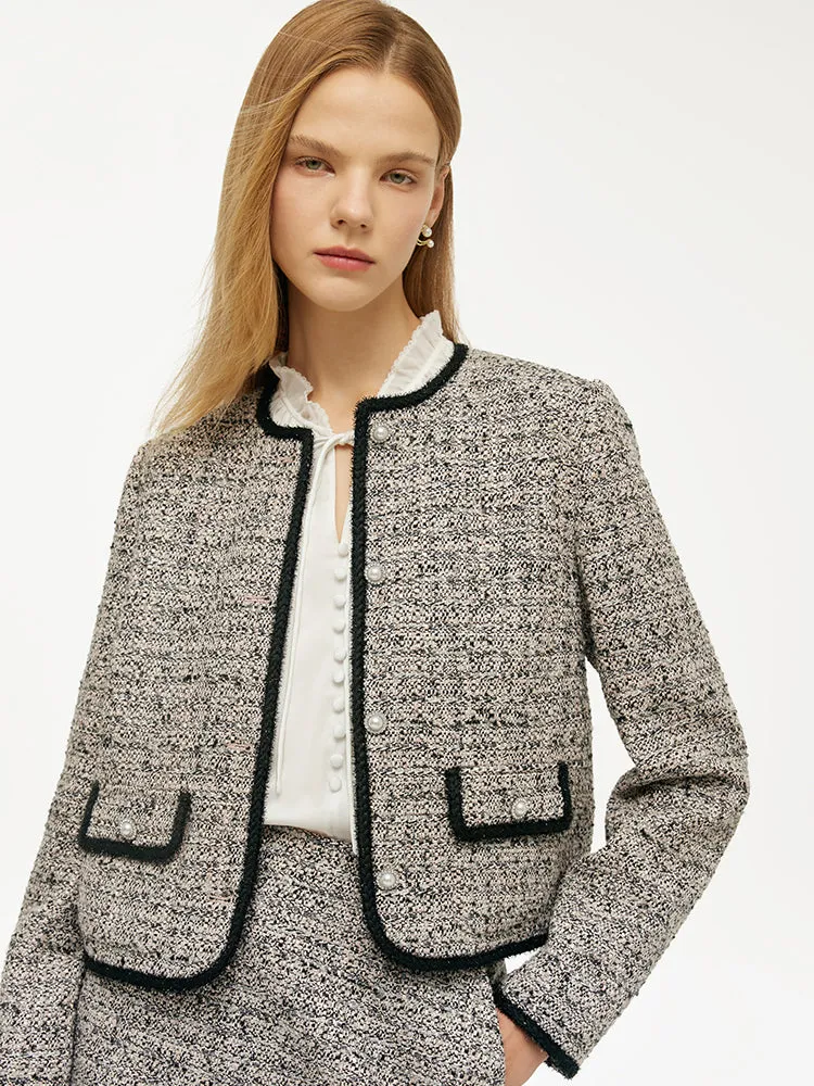 Tweed Women Crop Jacket With Detachable Bowknot