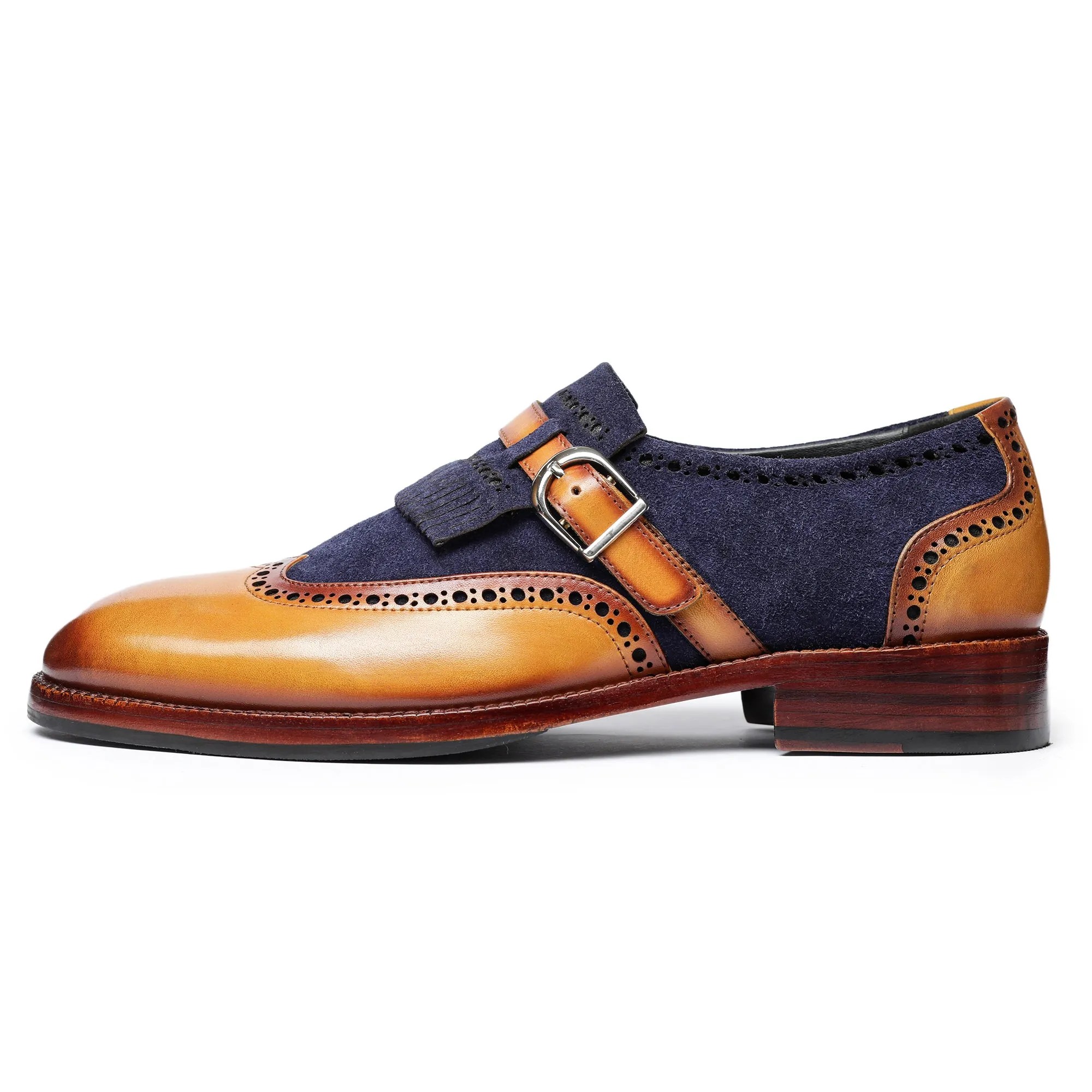 Wingtip Brogue Kiltie Monk Strap - Navy Suede