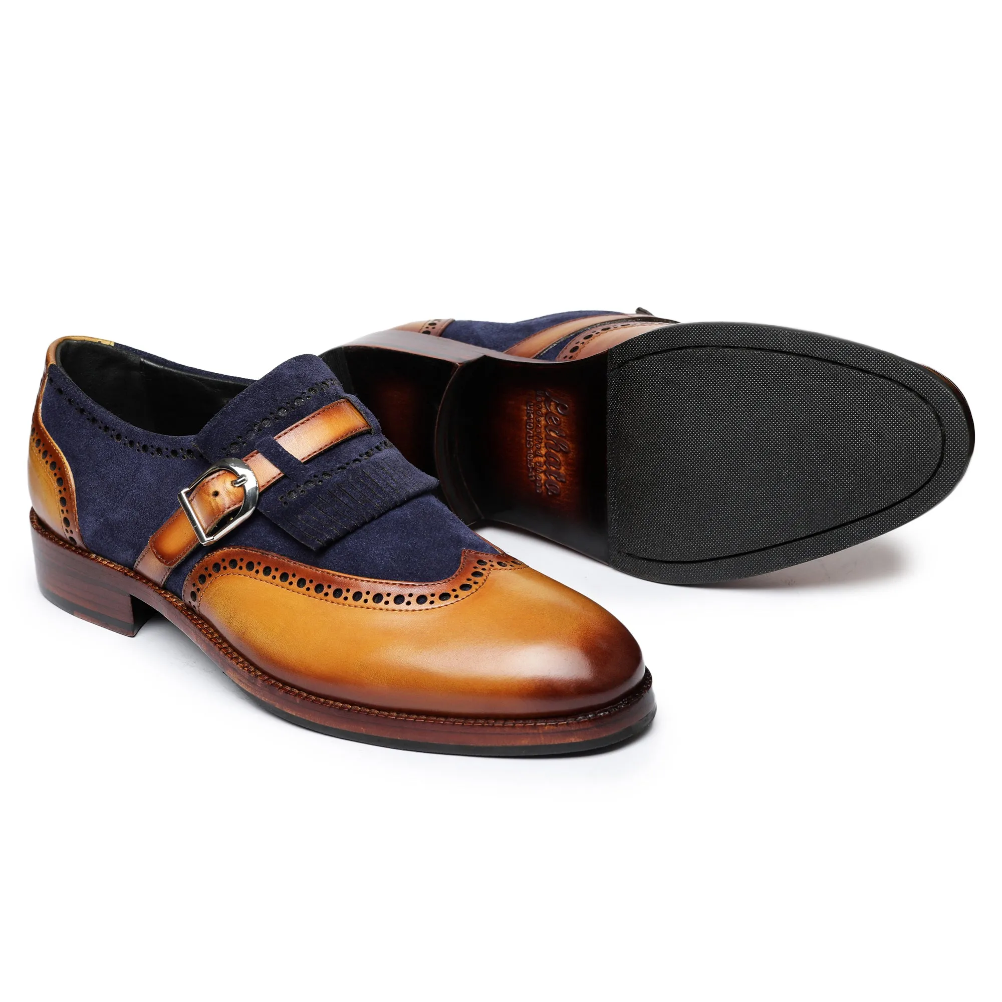 Wingtip Brogue Kiltie Monk Strap - Navy Suede