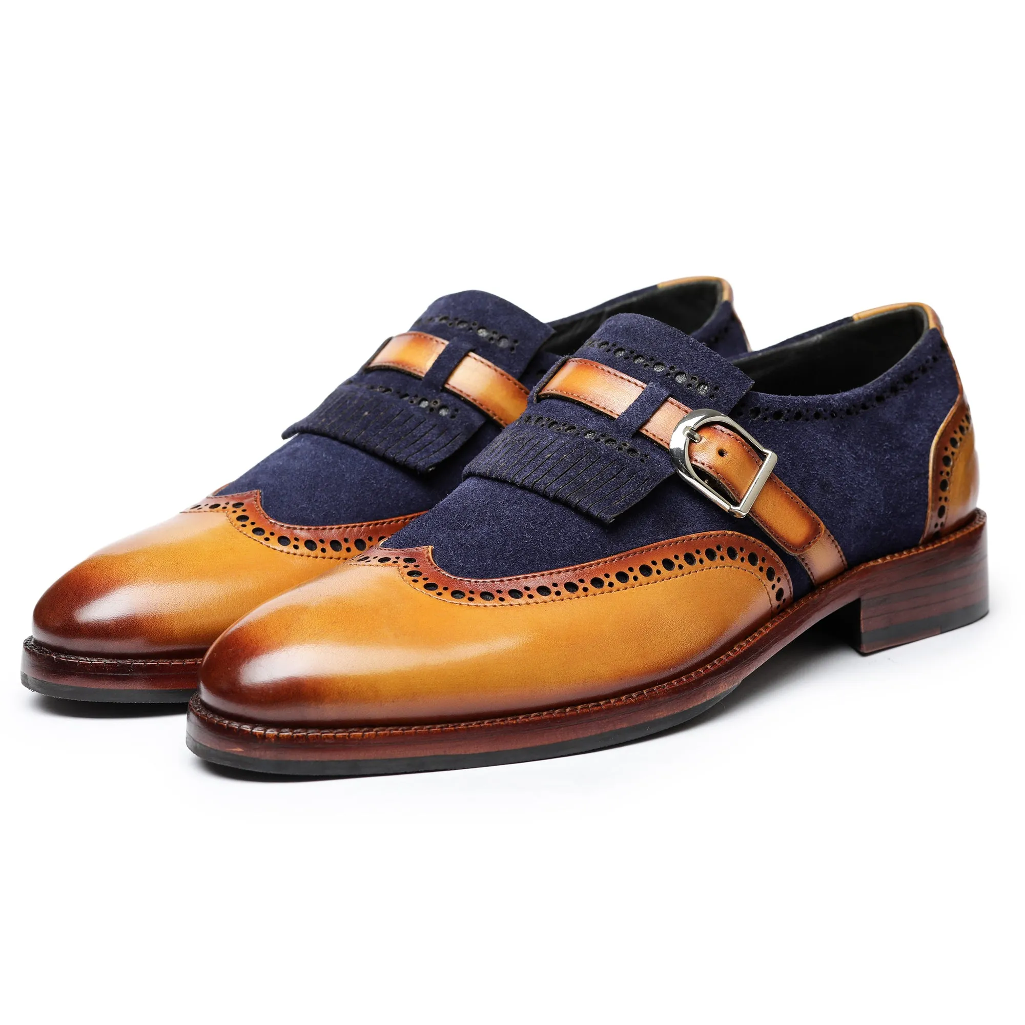 Wingtip Brogue Kiltie Monk Strap - Navy Suede