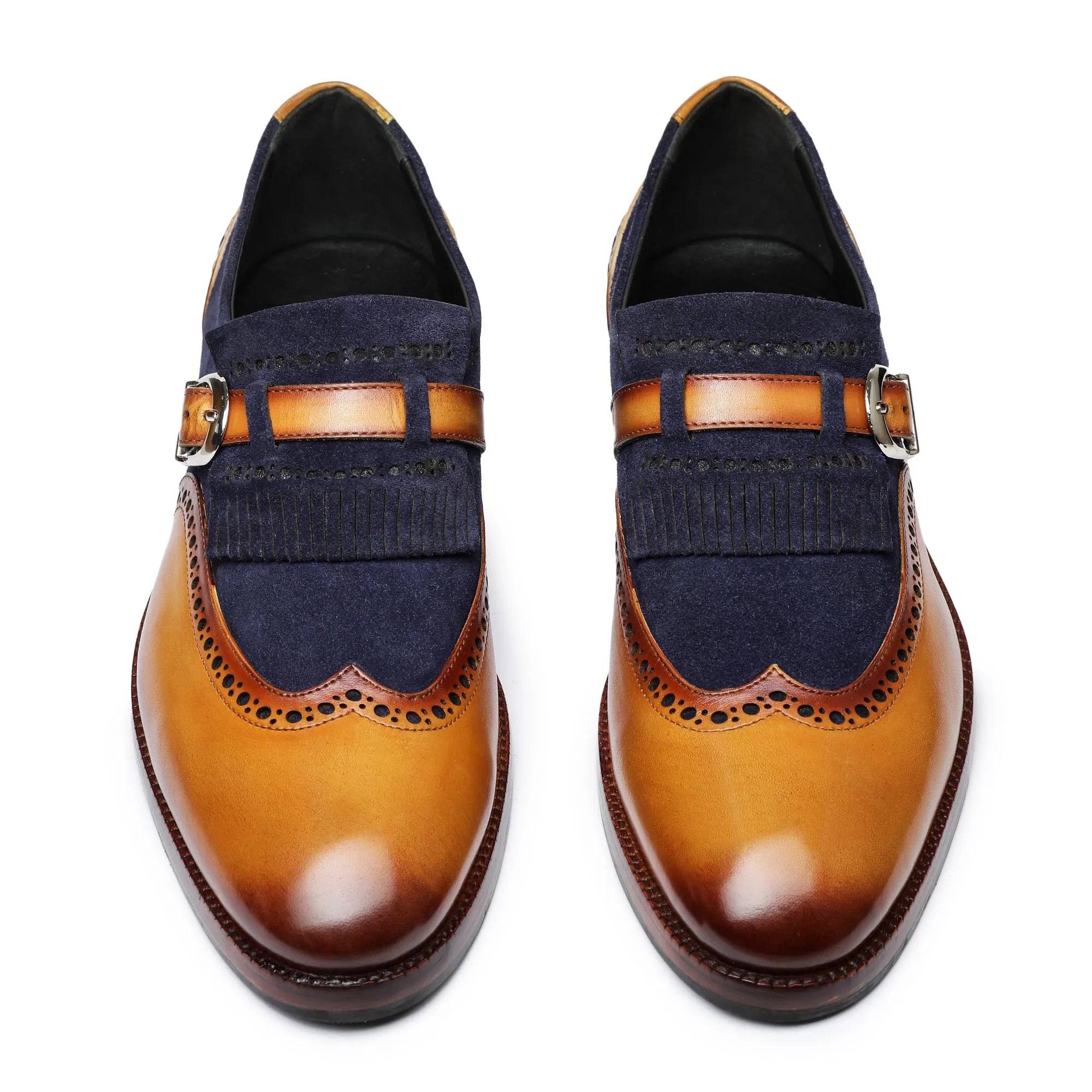 Wingtip Brogue Kiltie Monk Strap - Navy Suede